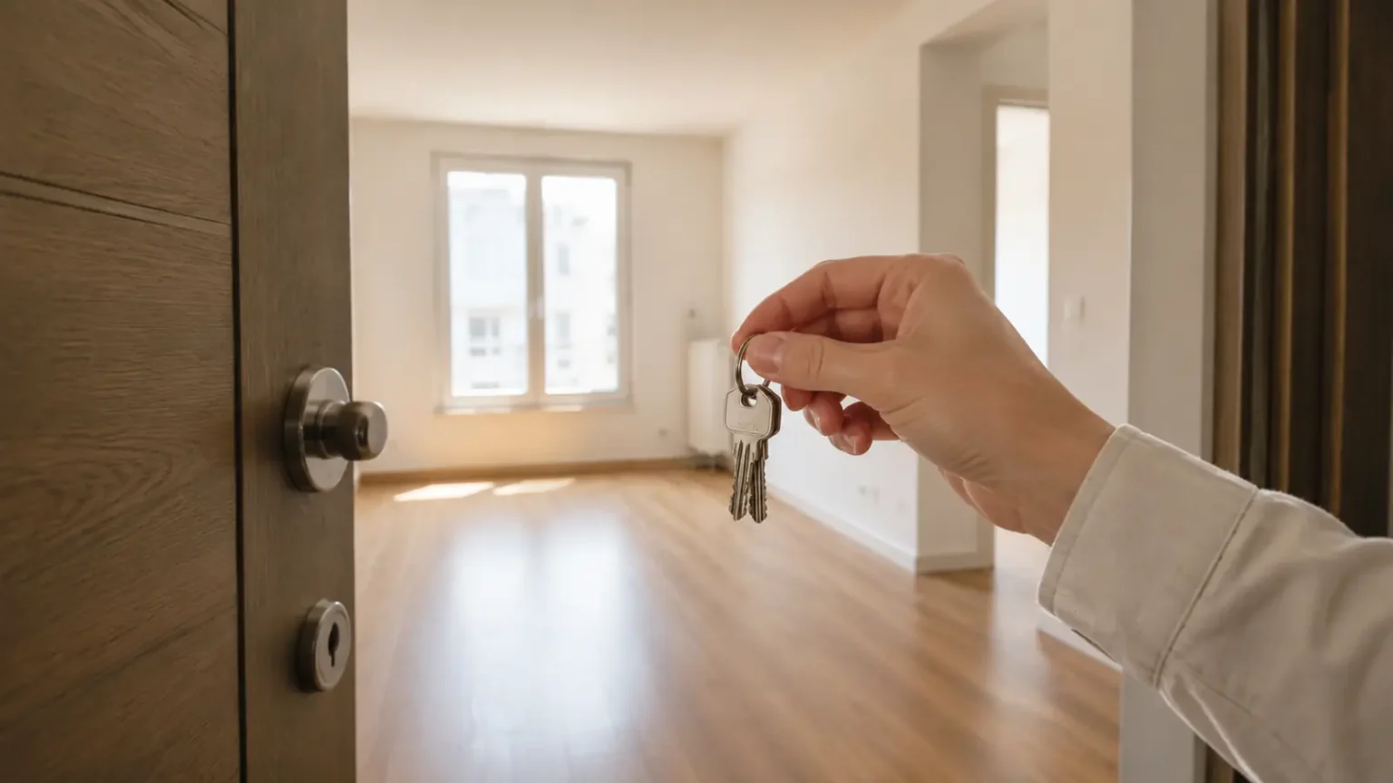 Mano con las llaves ante la puerta abierta de una vivienda vacía.