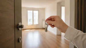Mano con las llaves ante la puerta abierta de una vivienda vacía.